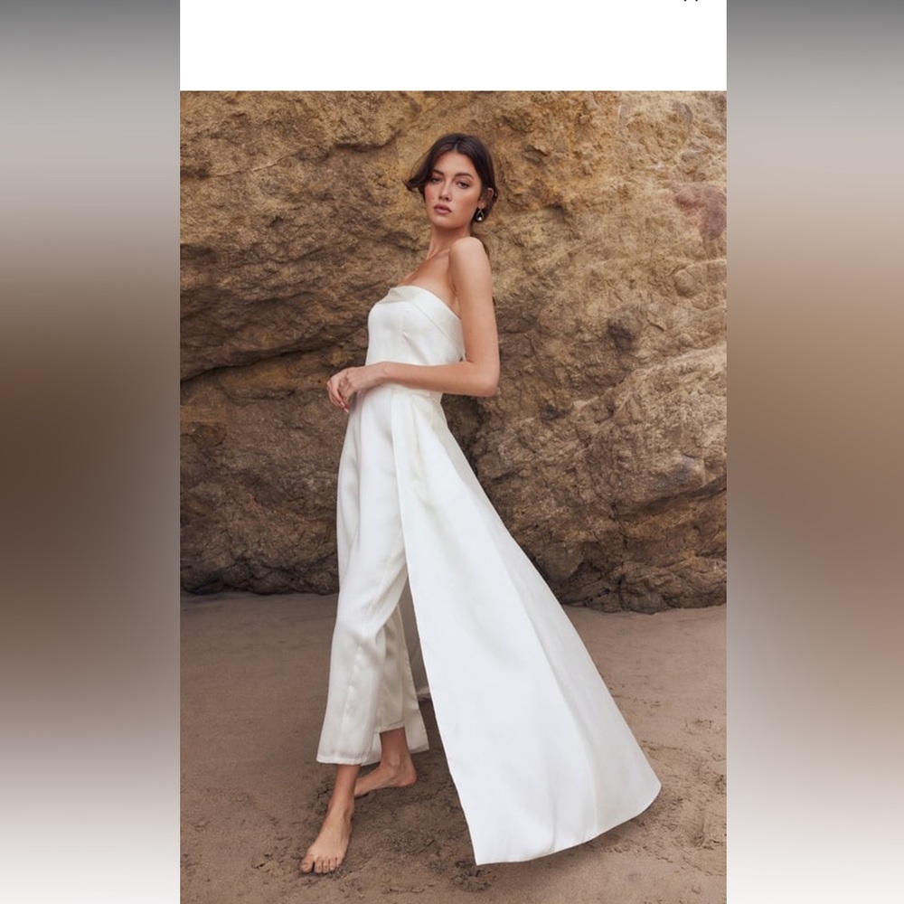 Romantic Eternity Ivory Satin Strapless Jumpsuit with Overskirt (ivory)